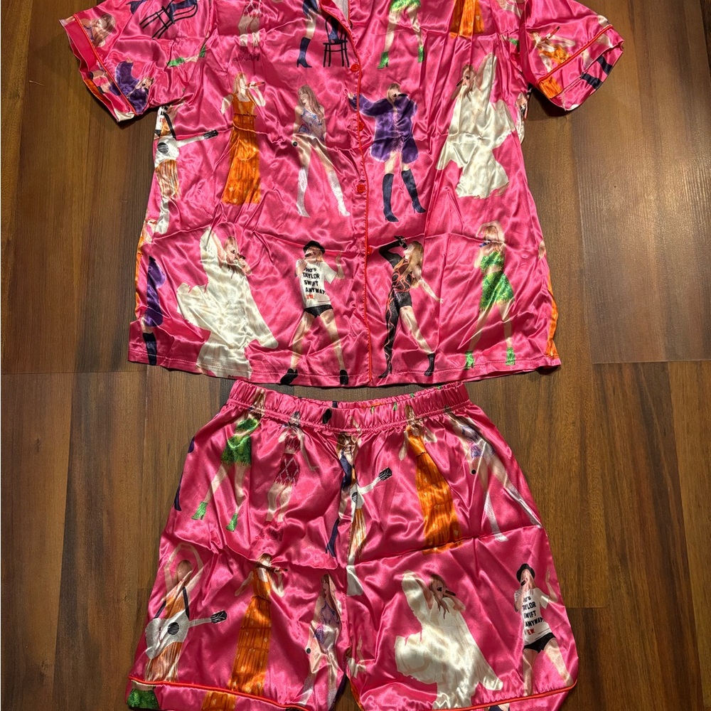 Kids Pink Satin Pajama Set with Fashion Doll Print